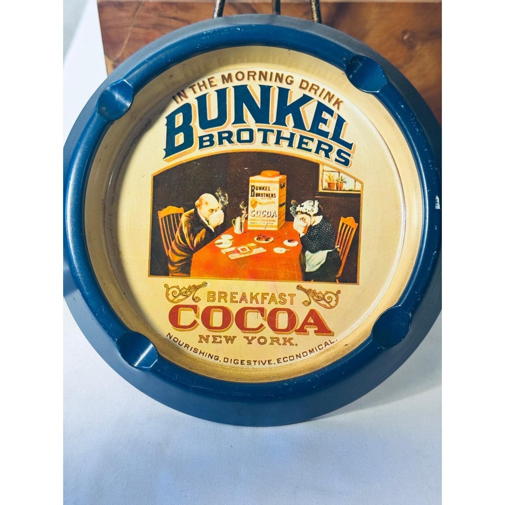 Bunkel Brothers Breakfast Cocoa Tin Ashtray Vintage Blue Metal Advertising 6in
